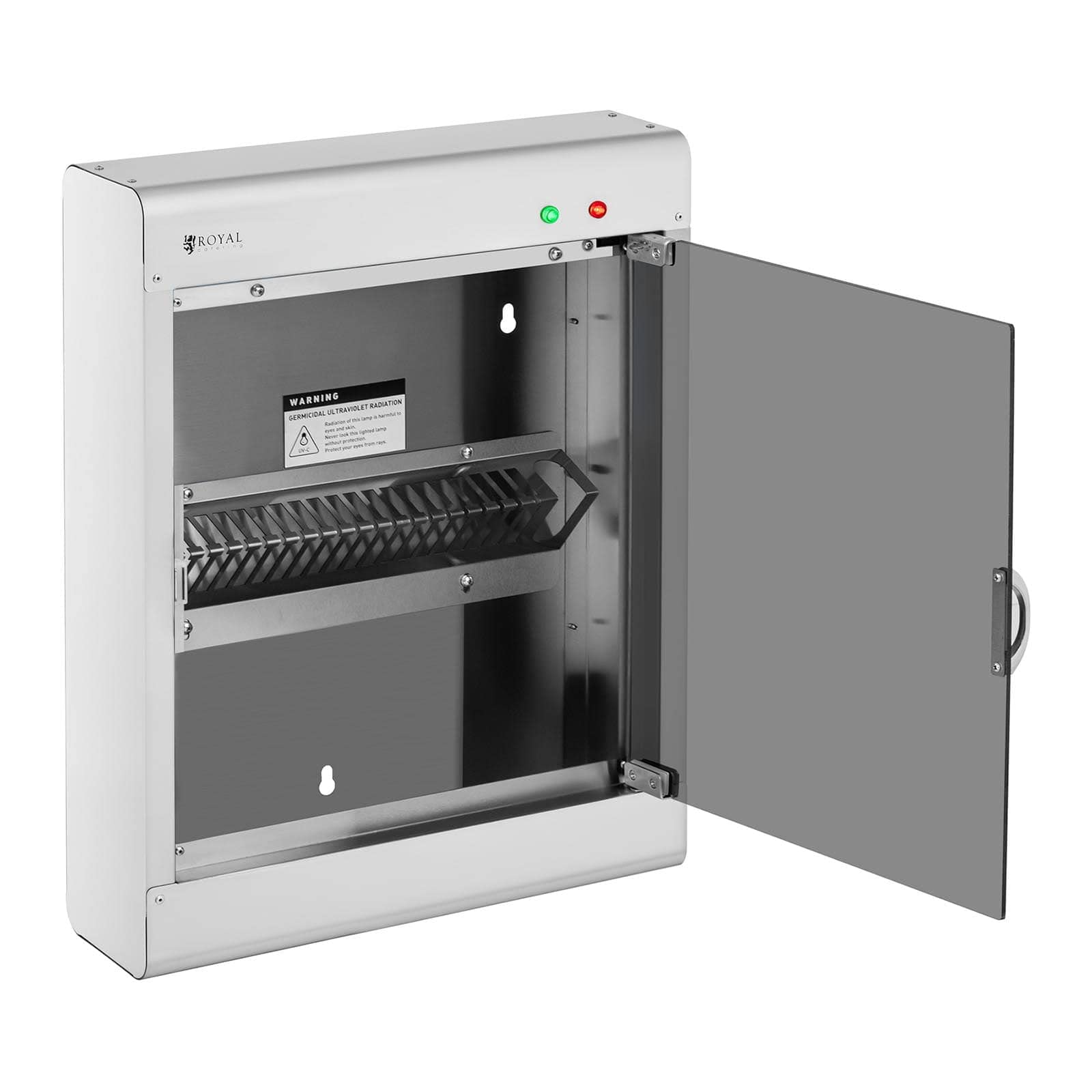 Royal Catering Stérilisateur UV Pour Couteaux Armoire De stérilisation Ultraviolet Lumière Ultraviolette RC-KSSS501 (Pour 20 Couteaux, 8 W, Boitier en Inox, Porte en Verre Acrylique, Minuterie 60 min)