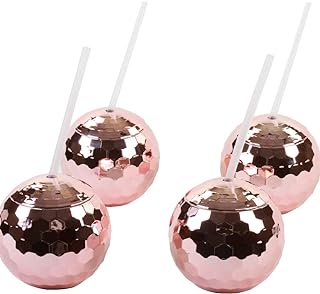 Andaz Press 1970s Disco Ball Cups 19 oz Drink Tumbler with Straw, Rose Gold Pink Champagne Copper, 4-Pack for Graduation Anniversary Bachelorette Party Disco Cups For Party Valentines Day Cup