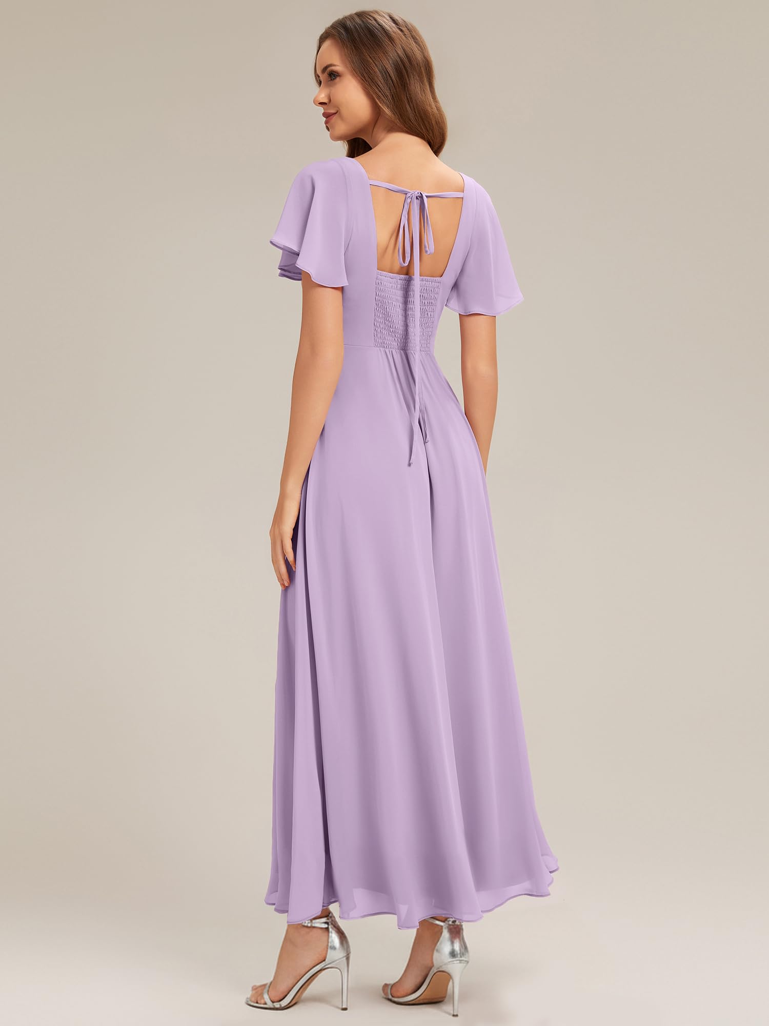 Ever-Pretty Abiti da Damigella Collo Quadrato Maniche Corte Chiffon Maxi Gonna Svasata ES02703