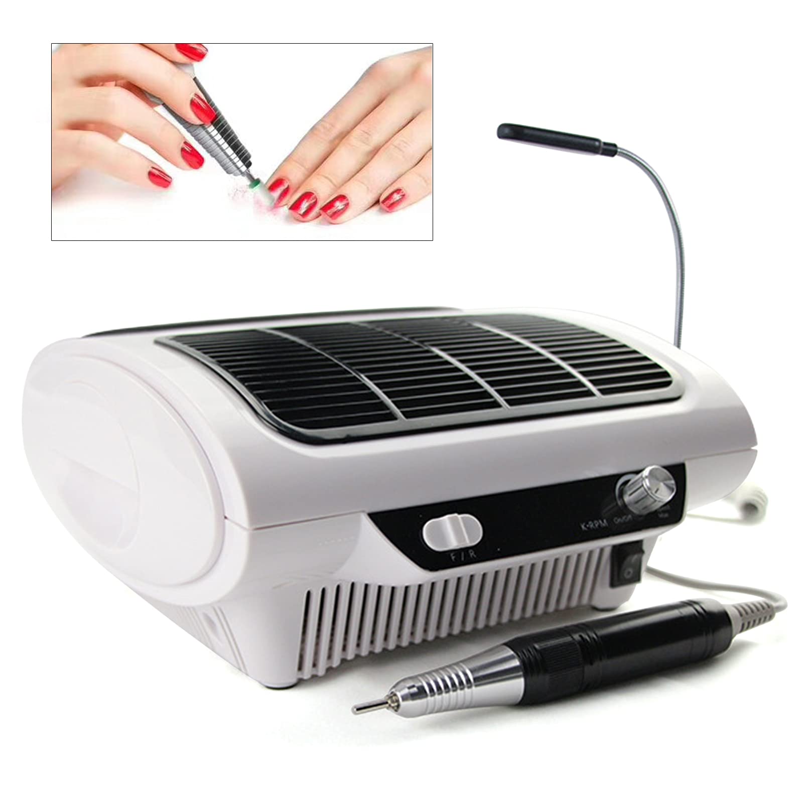 Elektrisches Nagelscheren-Set mit Absaugung, 24W, Weiß, 30000 U/min, LED-Lampe, Fußpedal, 6 Aufsätzen, Professionell, für Maniküre und Pediküre
