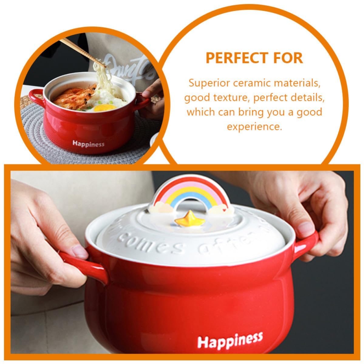 Gadpiparty Tazón de Ramen de Cerámica Rojo con Tapa, Cuenco para Sopa y Frutas, Diseño Decorativo y Funcional para Restaurantes y Regalos de Inauguración de Casa