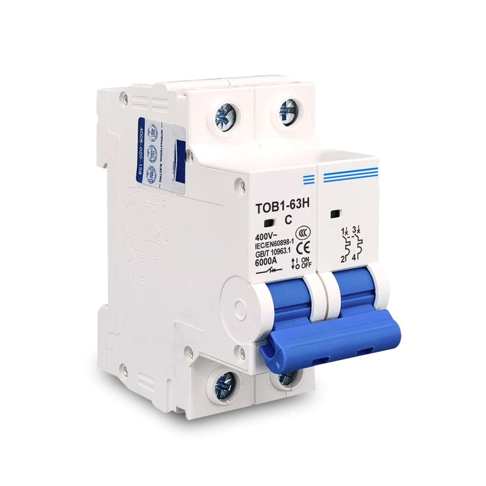 Disjoncteur miniature bipolaire TOB1-63H Courbe C 16A 230V 400V pour tableau modulaire