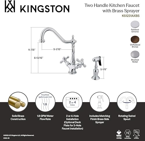 Miniatura 4 de Kingston Brass KS1231AXBS Heritage - Grifo de cocina, 8-9/16 pulgadas, cromo pulido Cromo pulido,cepillado níquel,Oil Rubbed