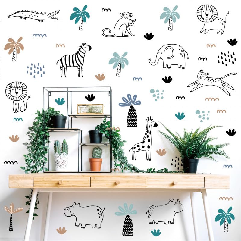 Image of Kids Jungle Safari Wall Stickers for Kids Room - 4 Sheets 39 Pcs Cartoon Animals Nursery Wall Decals Lion Giraffe Elephant Zebra Monkey Peel and Stick Wall Art for Baby Bedroom Playroom Nursery Decor