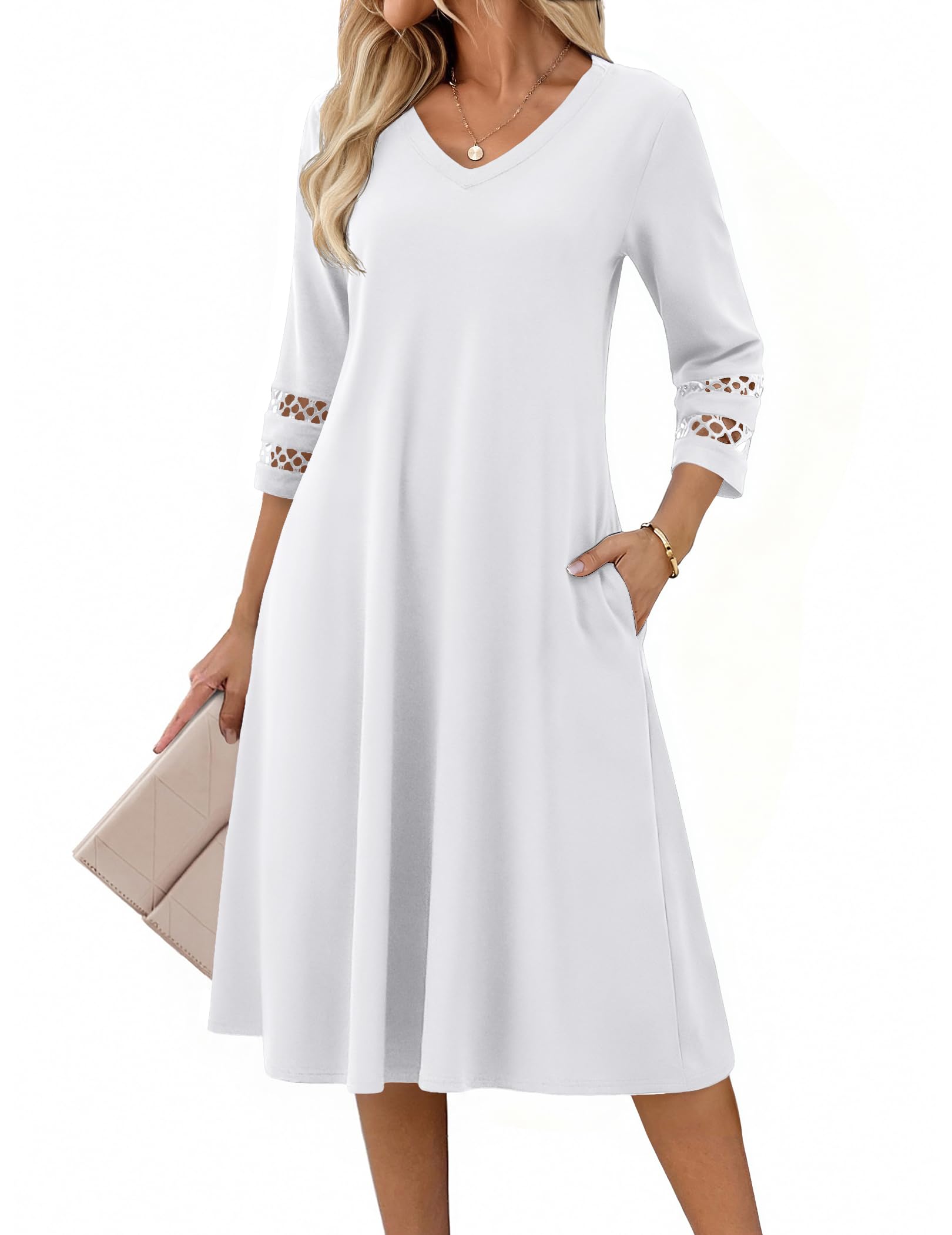 Zeagoo Kleid A Linie Damen Weißes 3/4 Arm Sommerkleider mit Spitzenärmeln Elegant Tunika Kleid V-Ausschnitt Midikleid Einfarbig Strandkleid Businesskleid XXL
