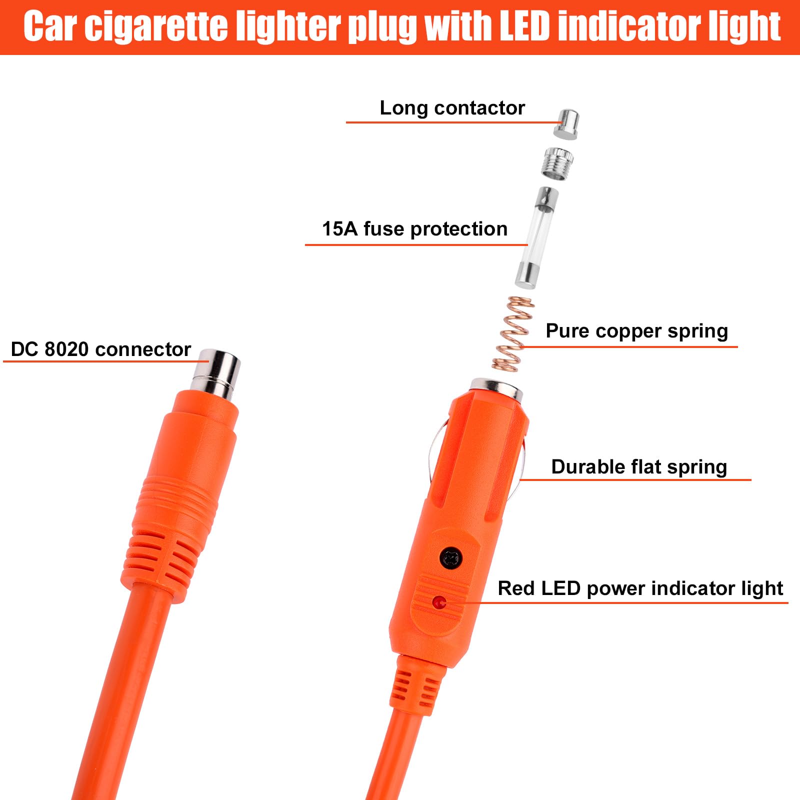 Kabel do Ładowania Samochodu 14AWG do Jackery Przenośnej Stacji Zasilania Explorer 3000 Pro 2000 Plus 2000 v2 1500 Pro 1500 1000 v2, kabel ładujący DC8020 2m (Pomarańczowy)