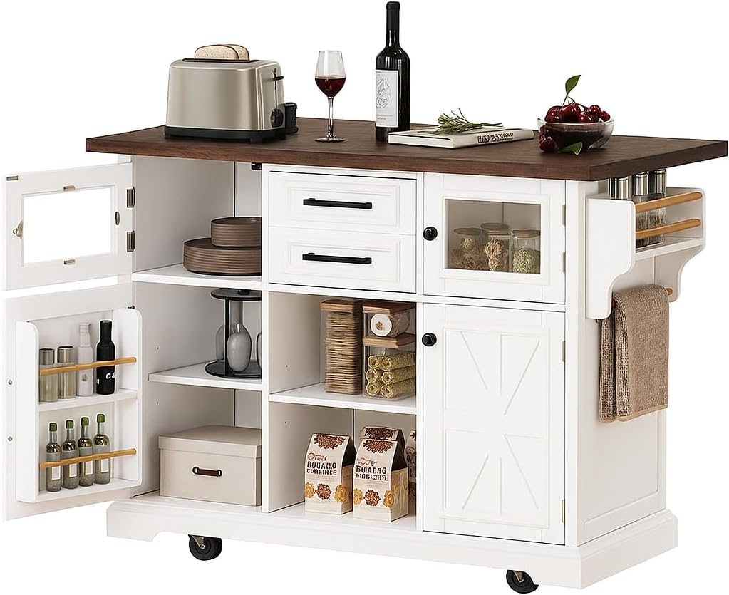 K&K 54.9" Kitchen Island with Drop Leaf, Power Outlet, Kitchen Storage Cart with 4 Door Shelves, Cross Barn Doors & Visual Glass Door, Rolling Kitchen Island on 4 Wheels for Kitchen, Dining Room,White