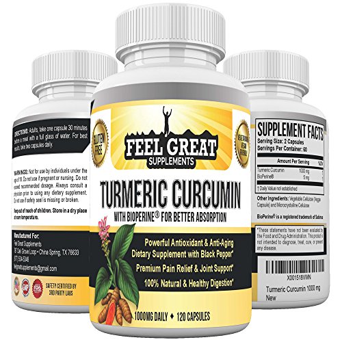 Feel Great Turmeric Curcumin (Curcuma Longa) with Black Pepper, Best Turmeric Supplement for Joint Pain Relief, Antioxidants & More, 100% Organic Turmeric and Curcumin Capsules 1000mg 2 Mo. Supply Feel Great Turmeric Curcumin (Curcuma Longa) with Black Pepper, Best Turmeric Supplement for Joint Pain Relief, Antioxidants & More, 100% Organic Turmeric and Curcumin Capsules 1000mg 2 Mo. Supply