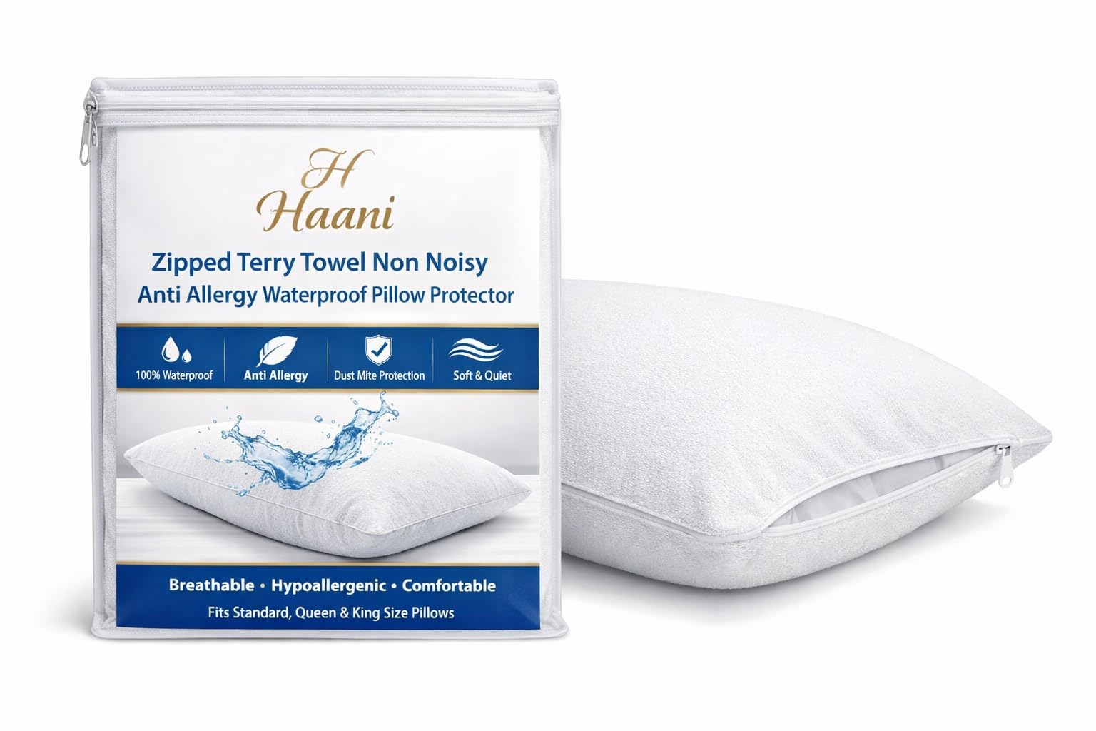 Haani Pack Of 1 Zipped Terry Towel Non Noisy Anti Allergy Waterproof Pillow Protector. (Pack Of 1)