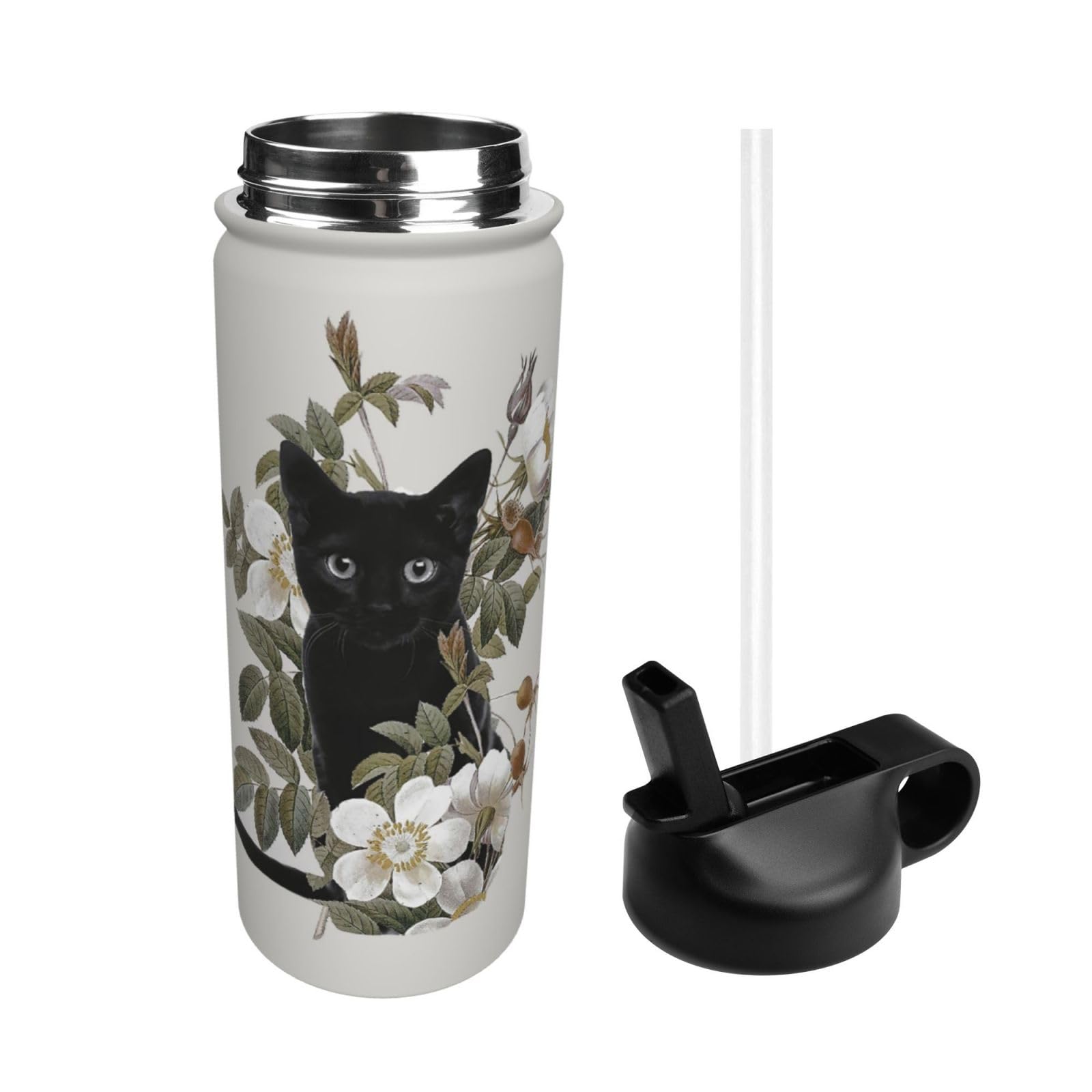 Amazon｜スポーツ水筒 花 黒猫 ネコ柄 猫柄 ステンレスボトル スポーツ