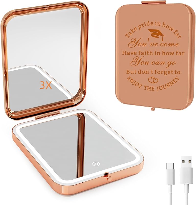 Espelho compacto GLINTZ com iluminação LED, dupla face 1x/3x, recarregável via USB-C, moldura Rose Gold, 1 unidade