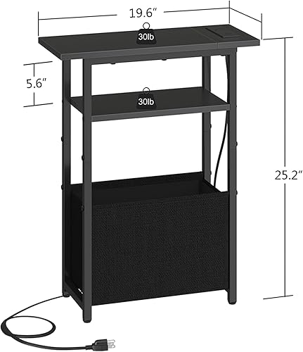 Miniatura 3 de Juego de 2 mesas auxiliares estrechas con estación de carga, mesa auxiliar pequeña para espacios pequeños, juego de 2 mesitas de noche delgadas con