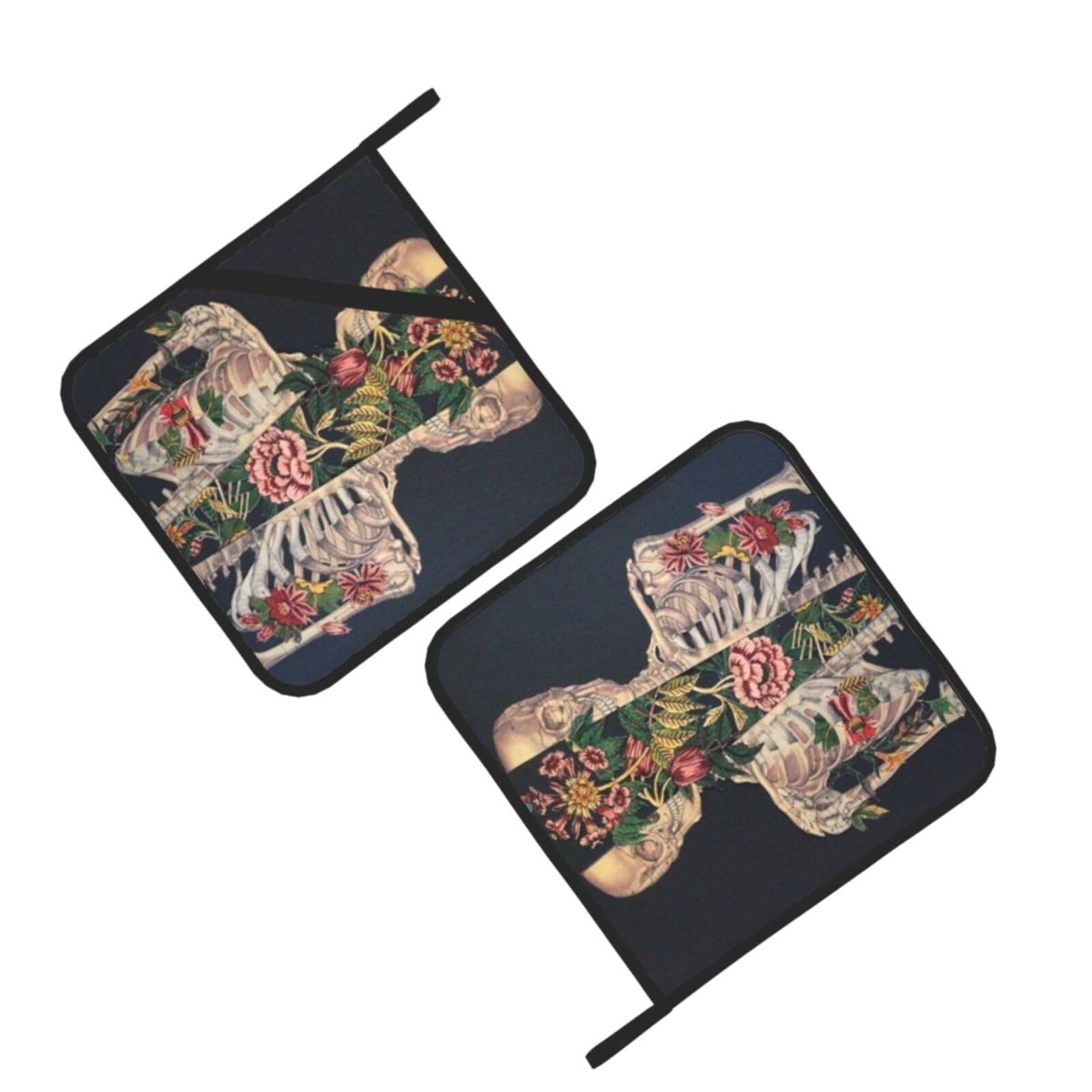 Skeleton Skull with Flower Printed Oven Pot Holders Set of 2 Pcs Heat Resistant Kitchen Microwave Potholders for Cooking Baking Grilling