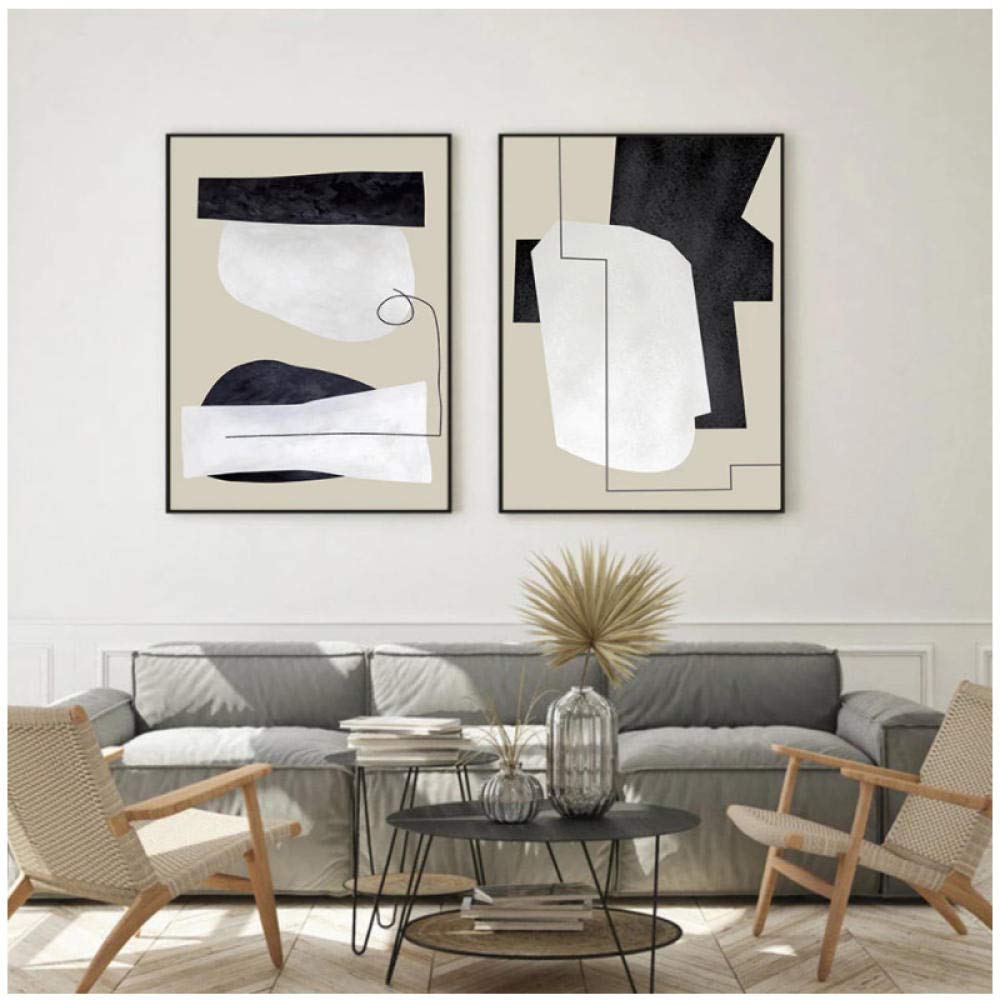 bpa Hxjlm 2Pcs Abstract Vintage Beige Black Geometric Poster Canvas Painting Wall Art Picture Bedroom Living Room Interior Home Decor 50X70 Cm No Frame