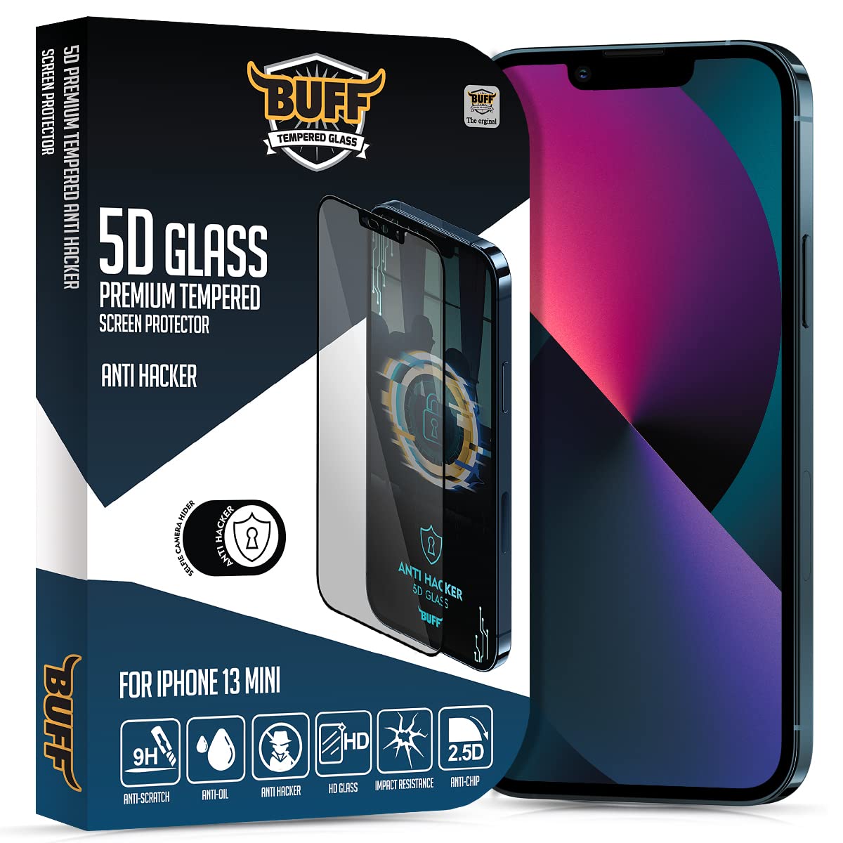 BUFF LABS iPhone 5D Glass Anti Hacker Casus Önleyici Selfie Kamera Gizleyici Ekran Koruyucu (iPhone 13 Mini)