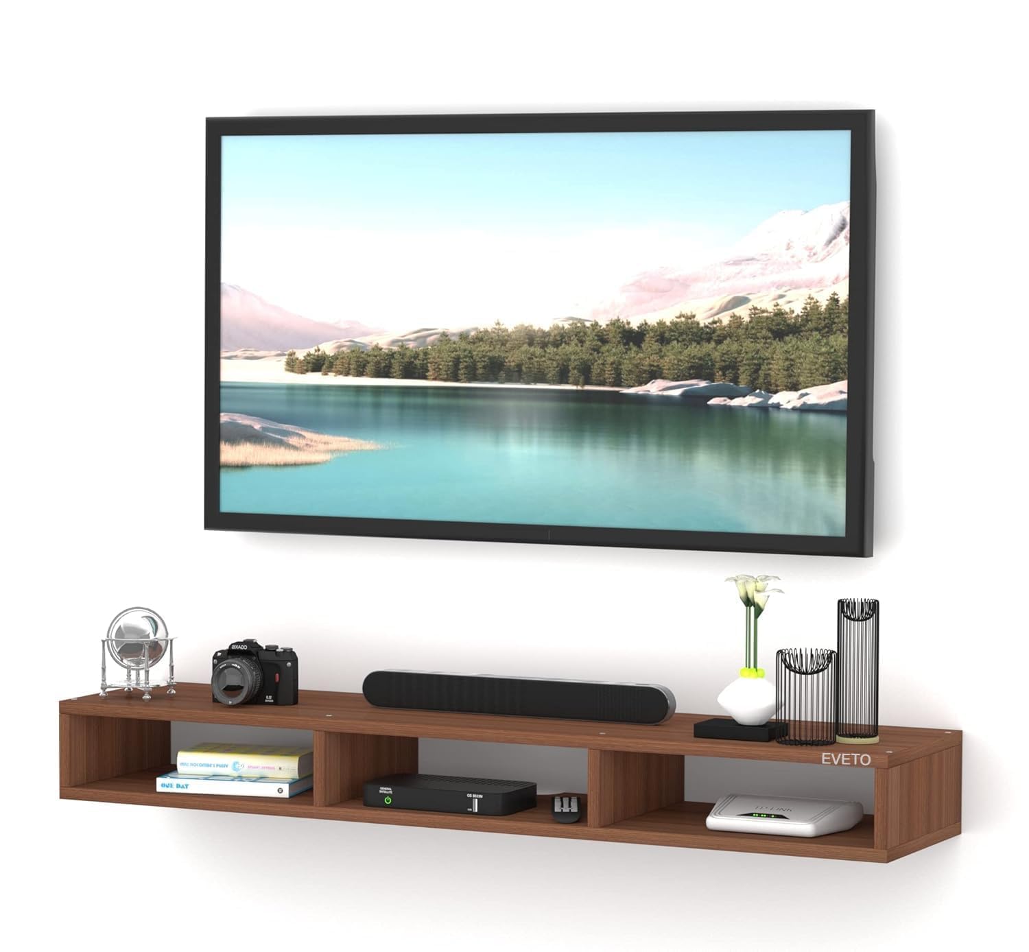 EVETO Engineered Wood Wall Mount Modern Entertainment Floating TV Unit for 32–55 Inch TVs with Storage Shelf, Set Top Box Stand, Router Shelf & Cable Management (Wenge, 90 cm)