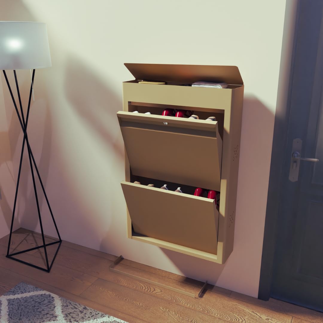 Freya 2 Door 29 inch Wide Metal Shoe Rack | 6 to 8 Shoe Pairs | Extra Accessory Compartment | Matt Finish | Wall Mountable | Colour: Matt Biscuit-image-30