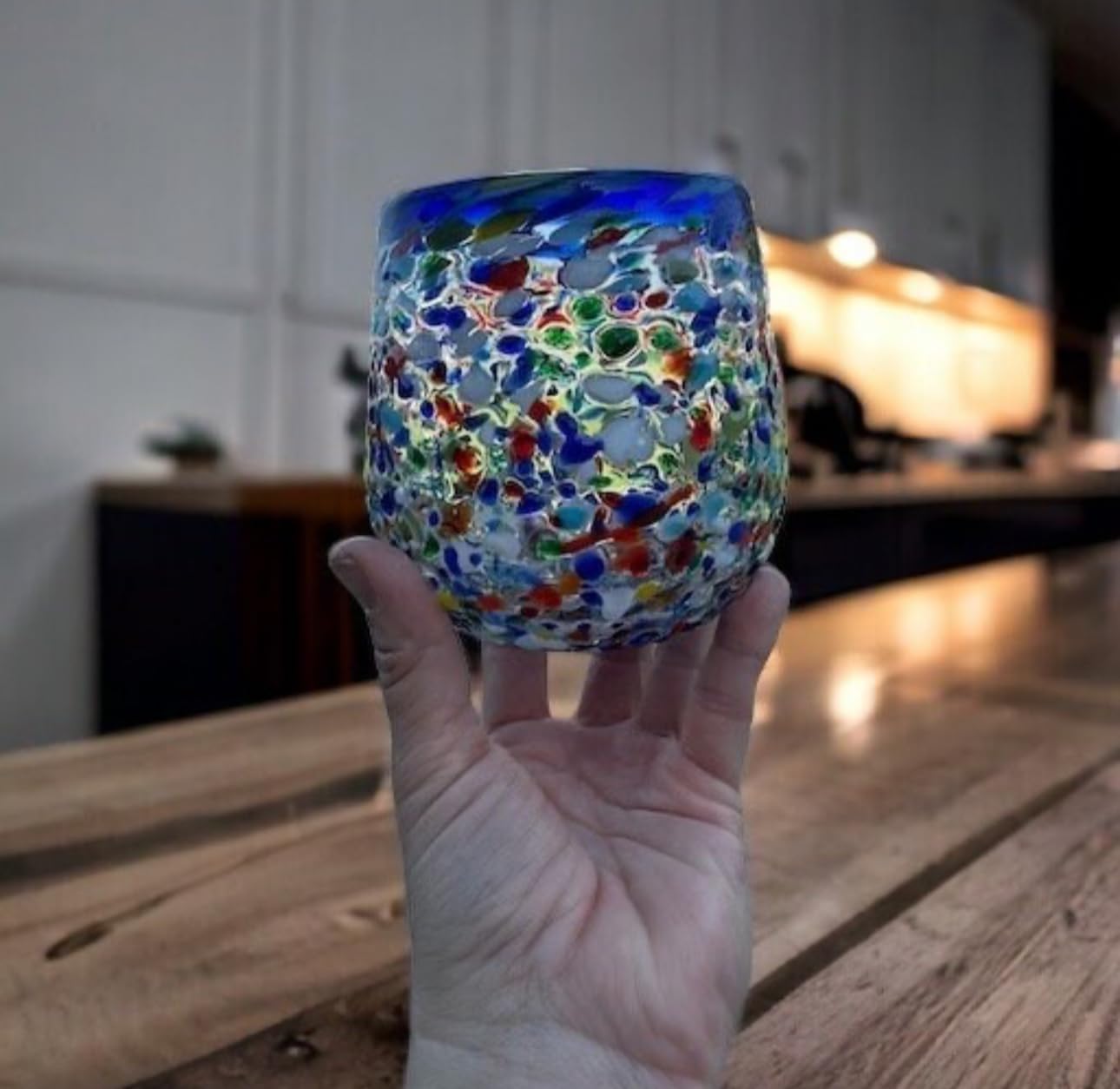 Generic Set of 2 Hand-Blown Stemless Wine Glasses - Blue Rim, Confetti Rock Texture Style, Artisan Mexican Glassware, Large