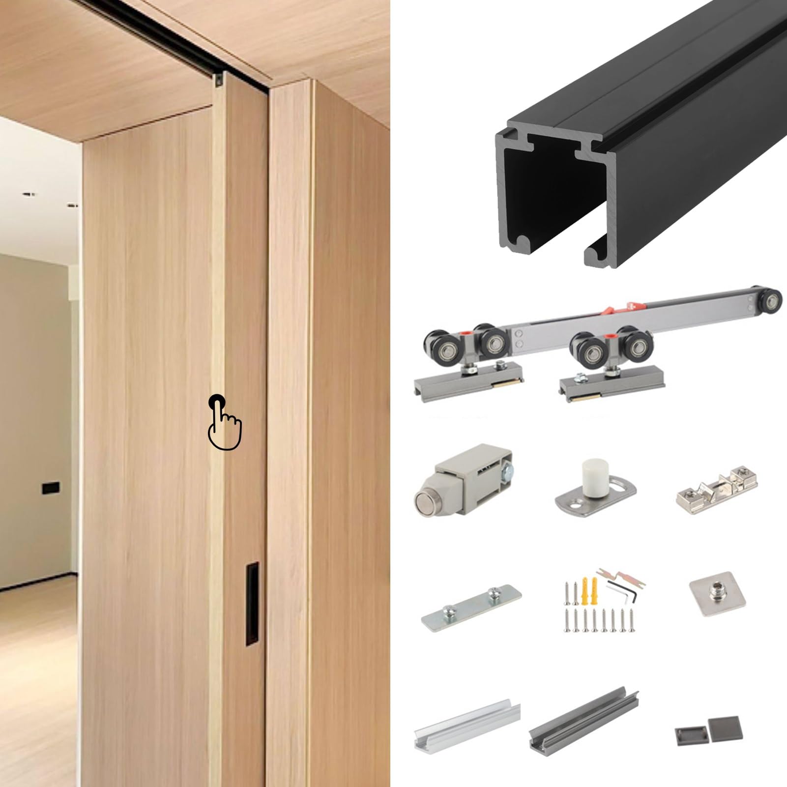 Push-to-Open Hidden Pocket Door, Quietly Smoothly Sliding Door Track with Soft Close, Aluminum Alloy Bypass Wooden Door Rail and Hardware(Black,420cm/165.4in)