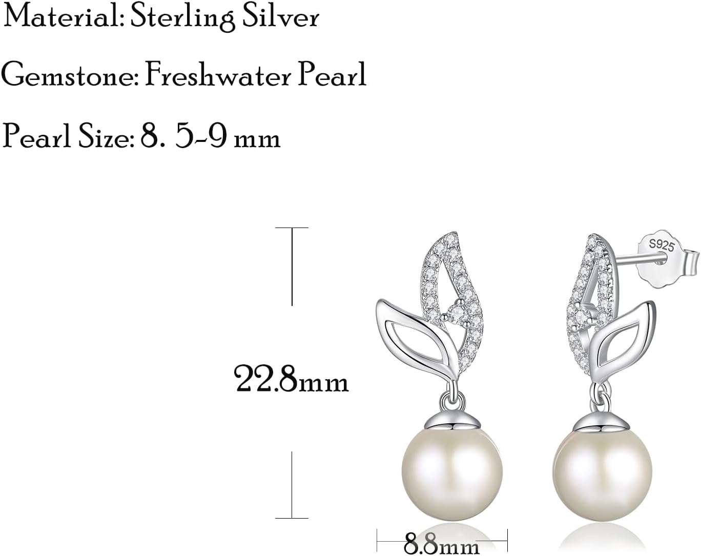 FANCIME Pearl Earrings 925 Sterling Silver Leaf Pearl Stud Earrings Dangle Earrings with Genuine Quality 8.5-9mm Freshwater Cultured Pearls Fine Pearl Jewelry for Women - Image 4