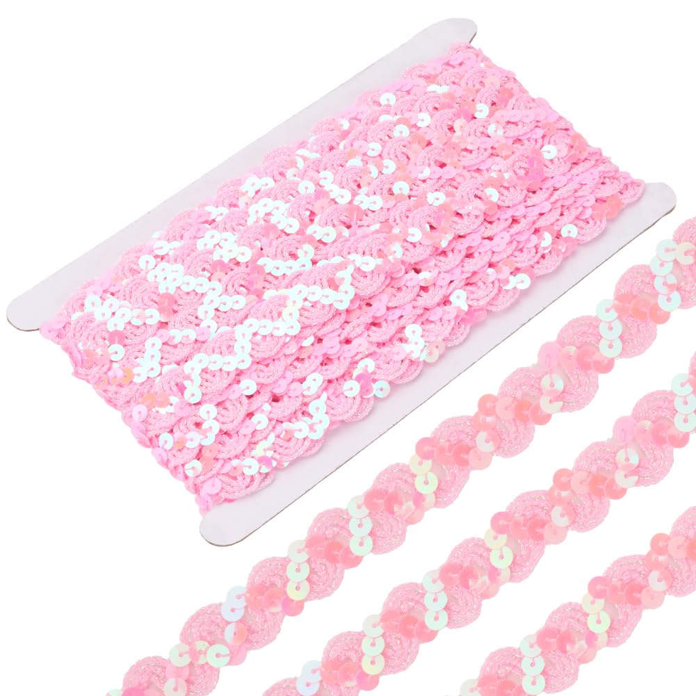 CABODYALS 11M Pink Wavy Braid Sequin Strip Glitter Flat Paillette Fabric Trim Shiny Sequins Sew on String Roll Polyester Sparkle Ribbons for Sewing Making Embellishment Clothes Home Party Decor Diy