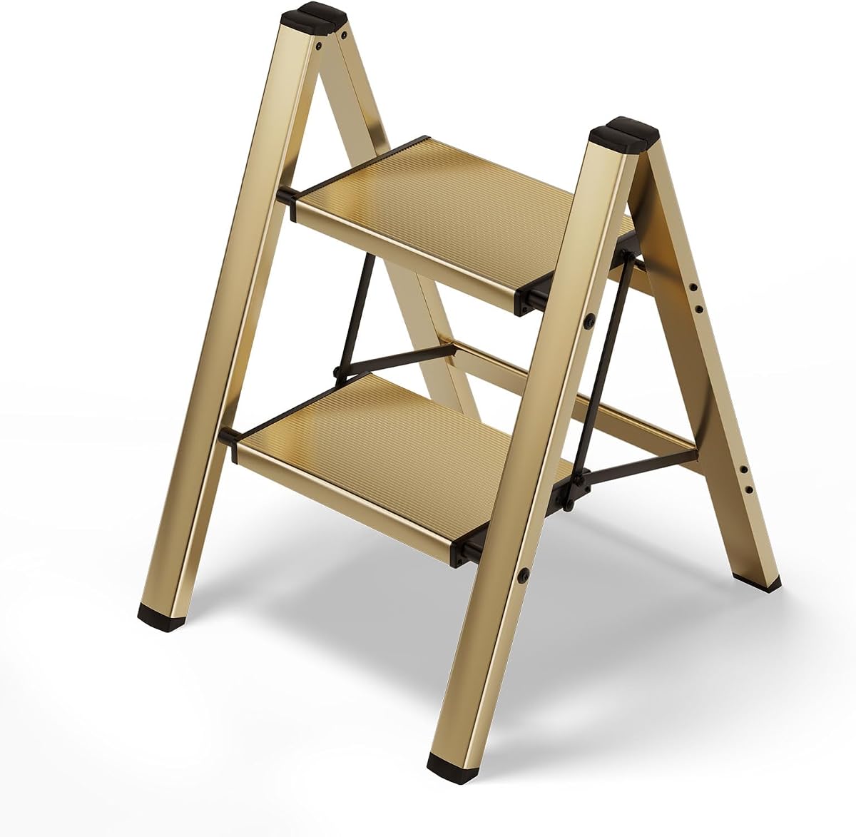 HillhutApex 2 Step Stool Foldable Ladder,Aluminum Step Ladder | Folding Lightweight Stable Stool with Wide Non-Slip Pedals, 330lbs Bearing Capacity Ladder for Office,Home,Kitchenr-Gold