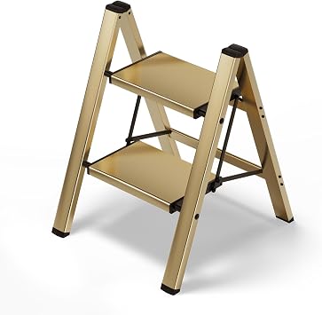HillhutApex 2 Step Stool, Aluminum Foldable Step Ladder, Lightweight Stable Stool with Wide Non-Slip Pedals, 330lbs Bearing Capacity Ladder for Office,Home,Kitchen - Gold