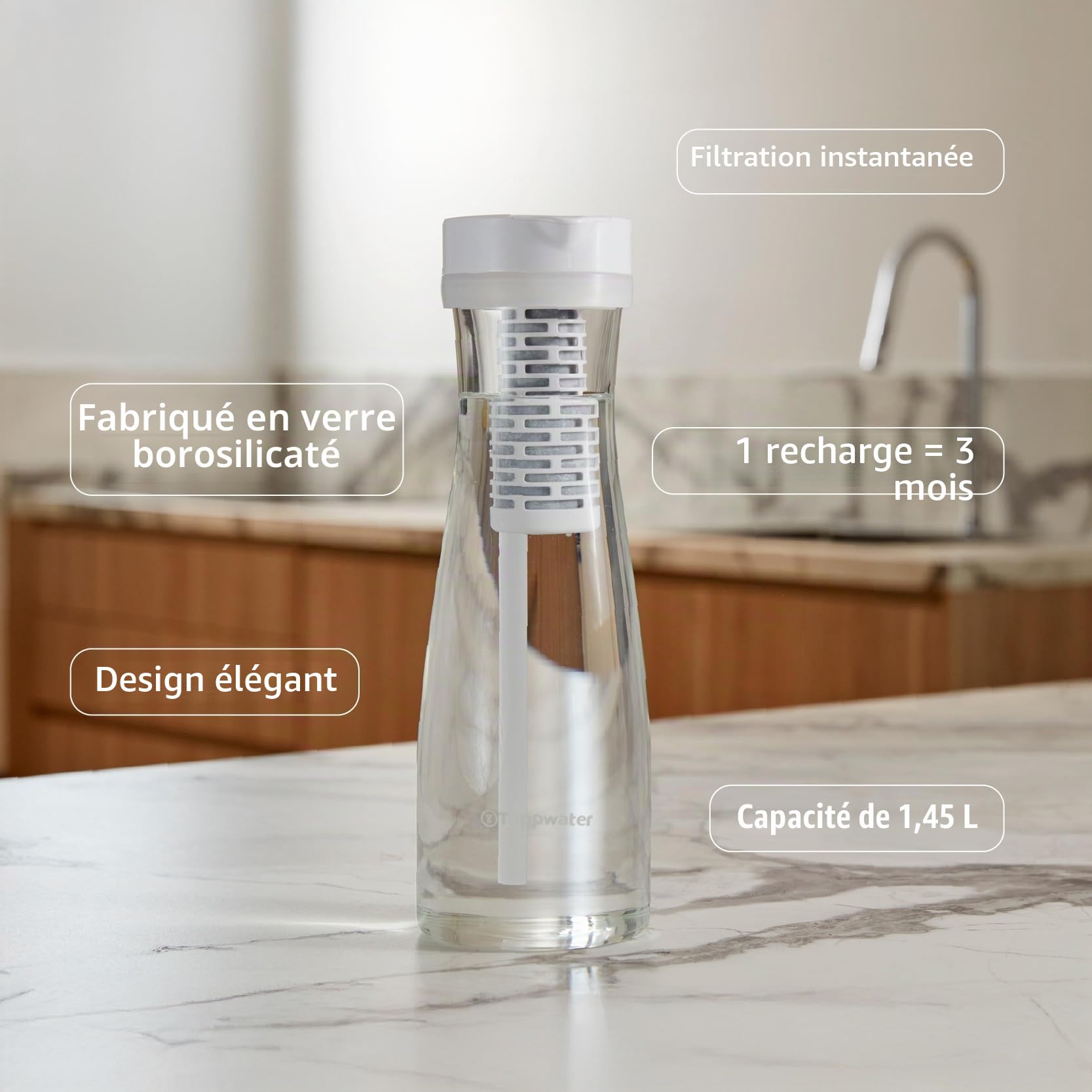 Tappwater Carafe d'eau avec filtre Premium PitcherPro avec SMR - pichet d'eau en verre 1,45L, filtration instantanée avec minéraux essentiels ajoutés, élimine le calcaire et +60 substances, Élégante