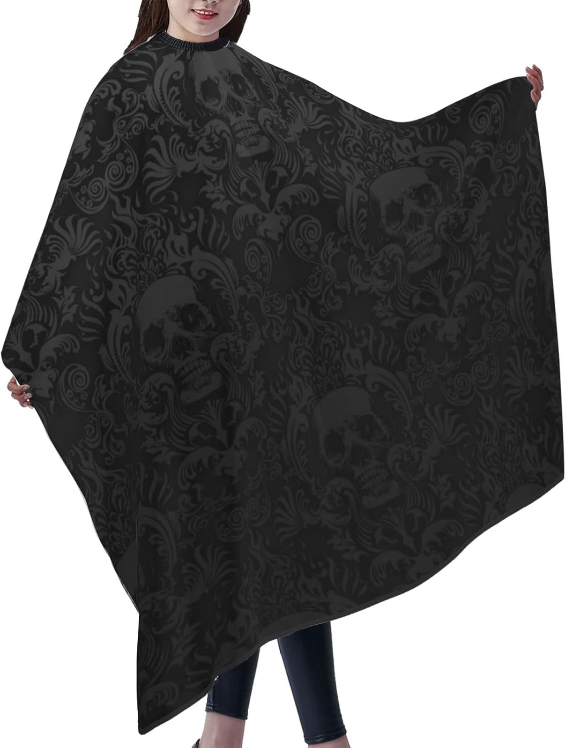 NHJMH Gothic Black Skull Barber Salon Shawl Cloak Hair Stylist Hairdresser Styling Cape Unisex Haircut Apron Cloth 55x66in