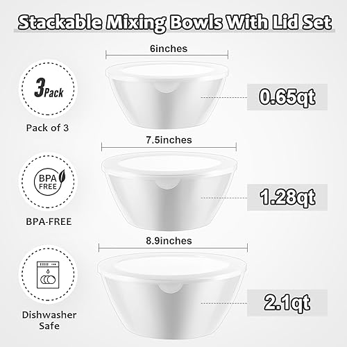 Miniatura 2 de Wehome Tazones de mezcla con juego de tapas, cuencos de plástico para preparar cocina, servir y almacenar, juego de 3 tazones y 3 tapas, cuencos