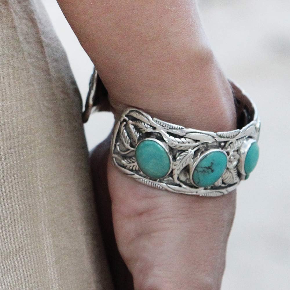 VY JEWELRY LEAVES CUFF - Handmade 925 Sterling Silver Wide Bracelet with Genuine Blue Opal or Turquoise Stones