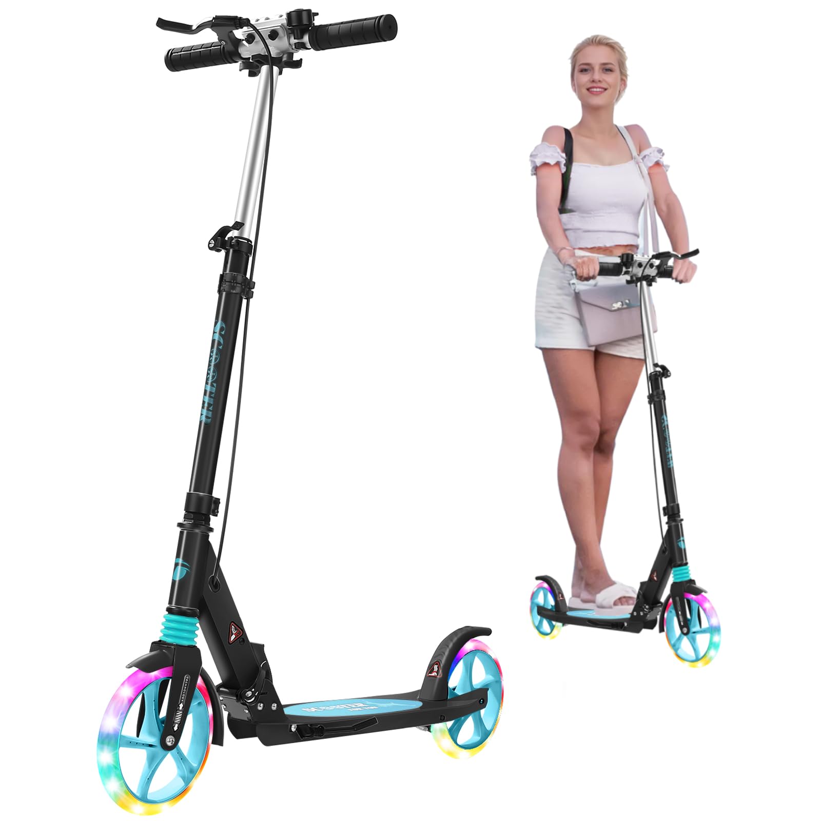 Scooter for kids ages 6+ and Up, Quick Folding Handbrake Adult Scooter, Kick Scooters with Carry Strap and Height Adjustable, 200mm Big Wheel for Adults and teenagers 11-15 (Black).