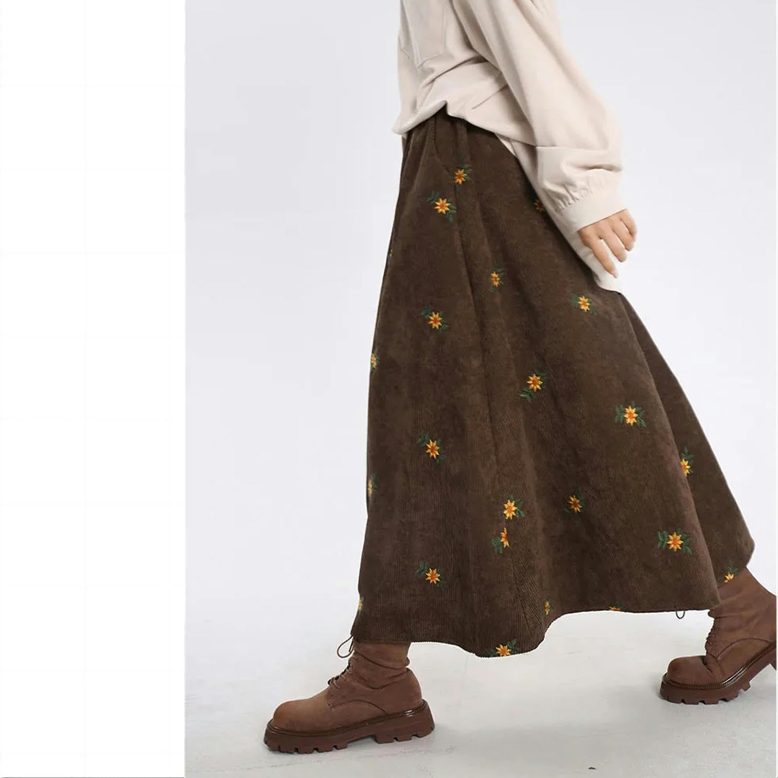 MdybF Gonna Jeans Donna Donne Autunno Inverno Velluto Ricami A Velluto Sciolte Floreali Casual retrò-caffè