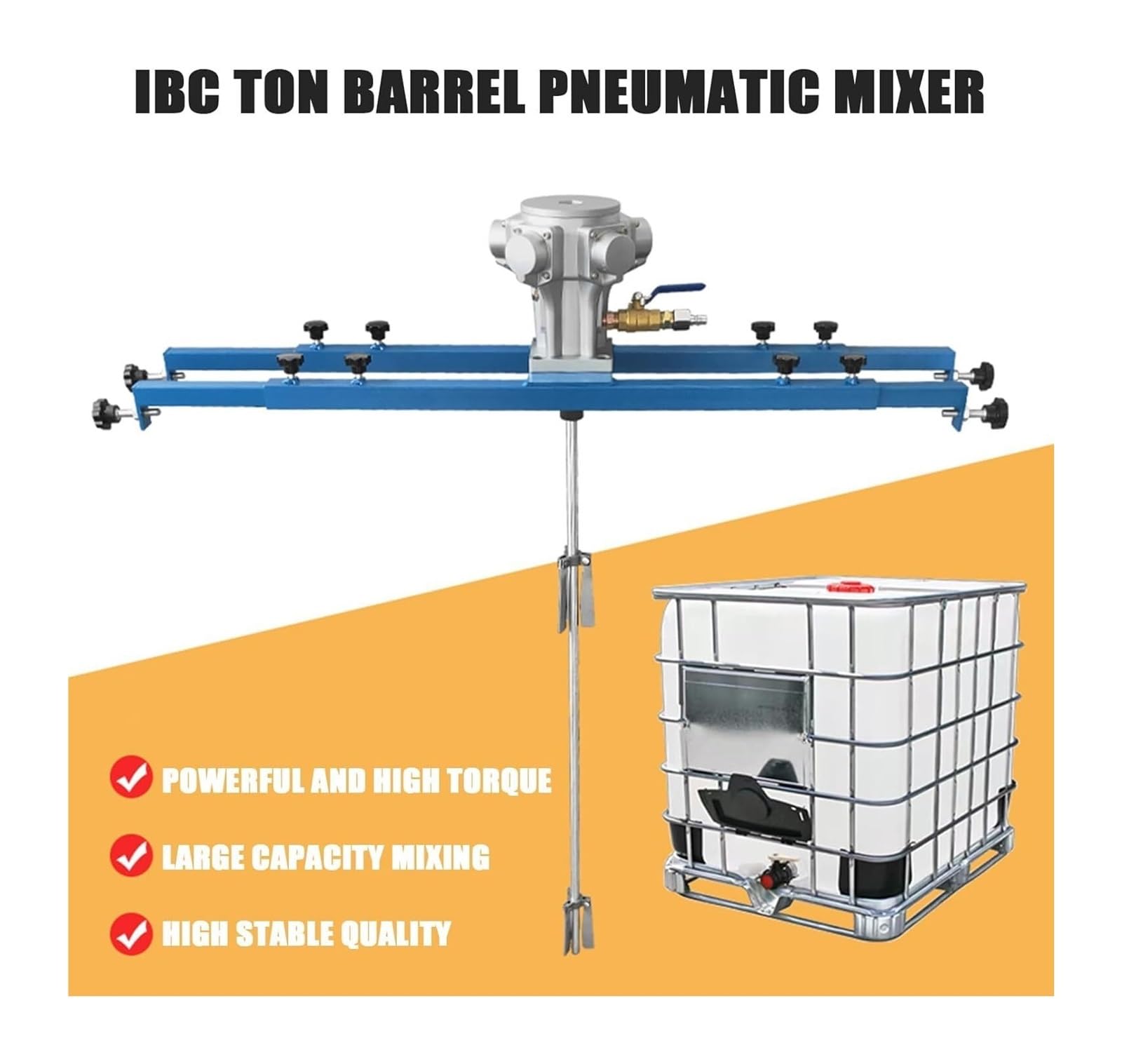 QZQJUILU mieszadło powietrza IBC, pneumatyczna mikser zbiornikowy 1/2 KM, mieszadło kolorowe, długość pręta mieszającego 880 mm, średnica wirnika 250 mm, do mieszadła atramentowego