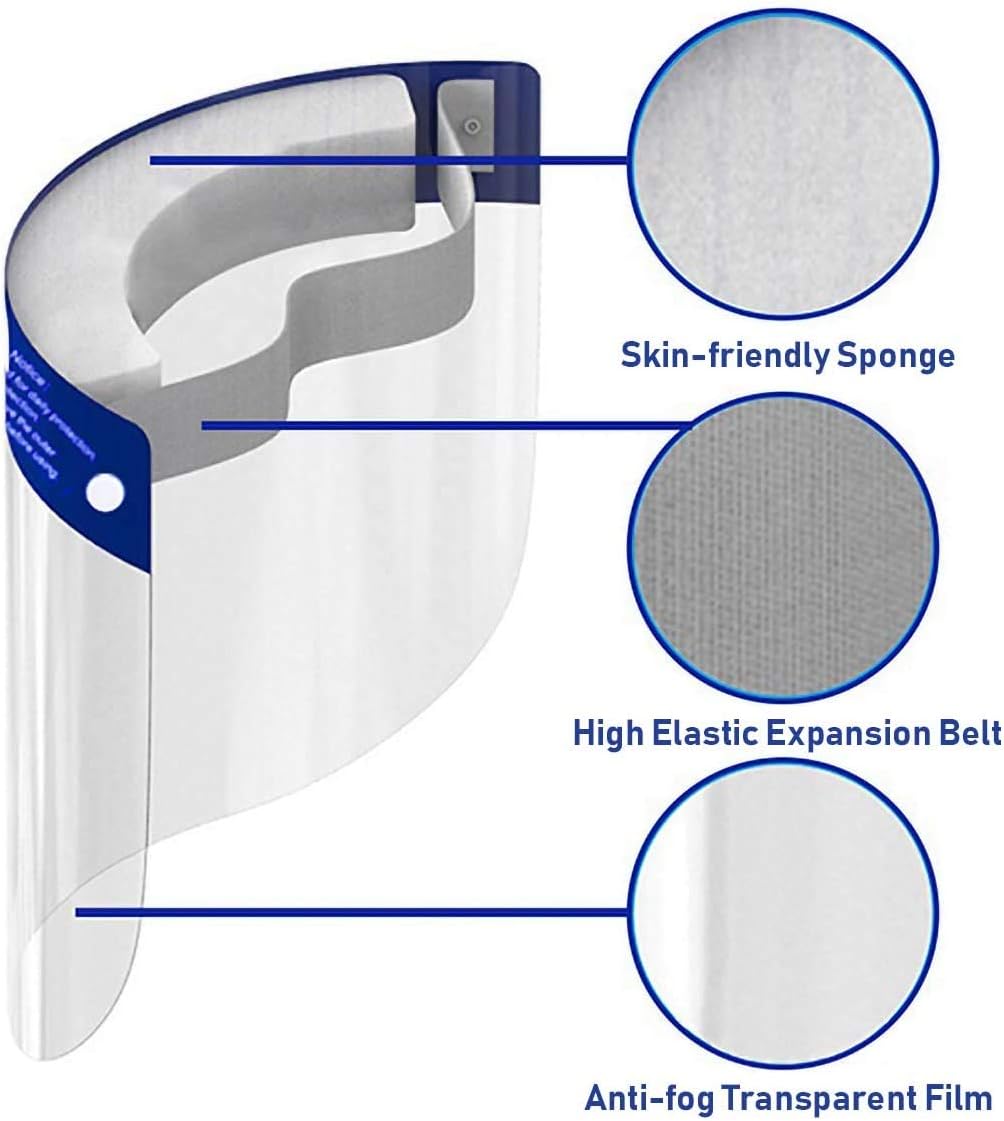 2020 new upgrade Protection 10 Pack Face Shield Full Face Protect Eyes and Face with Clear Open Protective Film Elastic Band and Comfort Sponge, Windproof Dustproof Anti-Spitting Isolation Hat Shield
