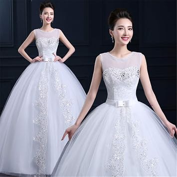 Wedding Dresses Women Sleeveless Crystal Beaded Bridal Ball Gown Wedding Dress Floral Lace Classic Tulle Princess Bride Dress Perfect for Wedding Color: White, Size: XL