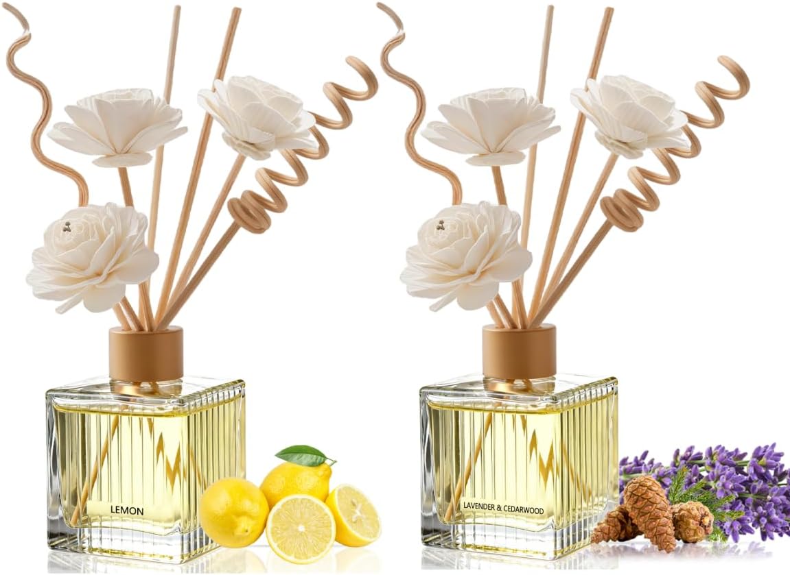 Lemon & Lavender Cedarwood Premium Reed Diffuser Duo - 2×200ml Glass Bottles with Natural Rattan Sticks & Dried Flowers | Energizing & Calming Home Fragrance Set for Living Room, Kitchen, Bedroom, Off