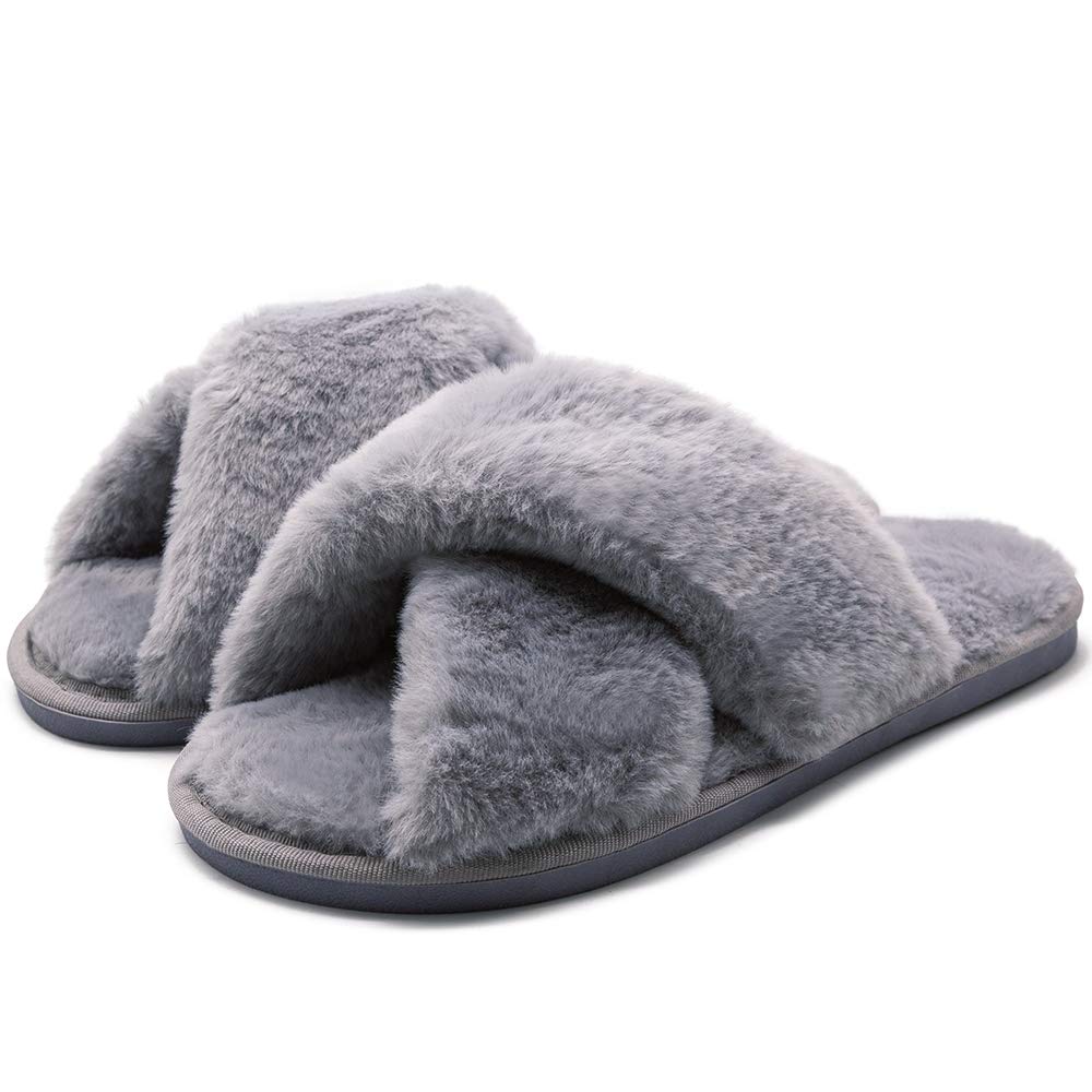 eccboxWomen's Fluffy Furry Fuzzy Slippers Cross Band Soft Plush Flat Slide Memory Foam House Slippers Open Toe Comfy Spa Indoor Outdoor Slip On