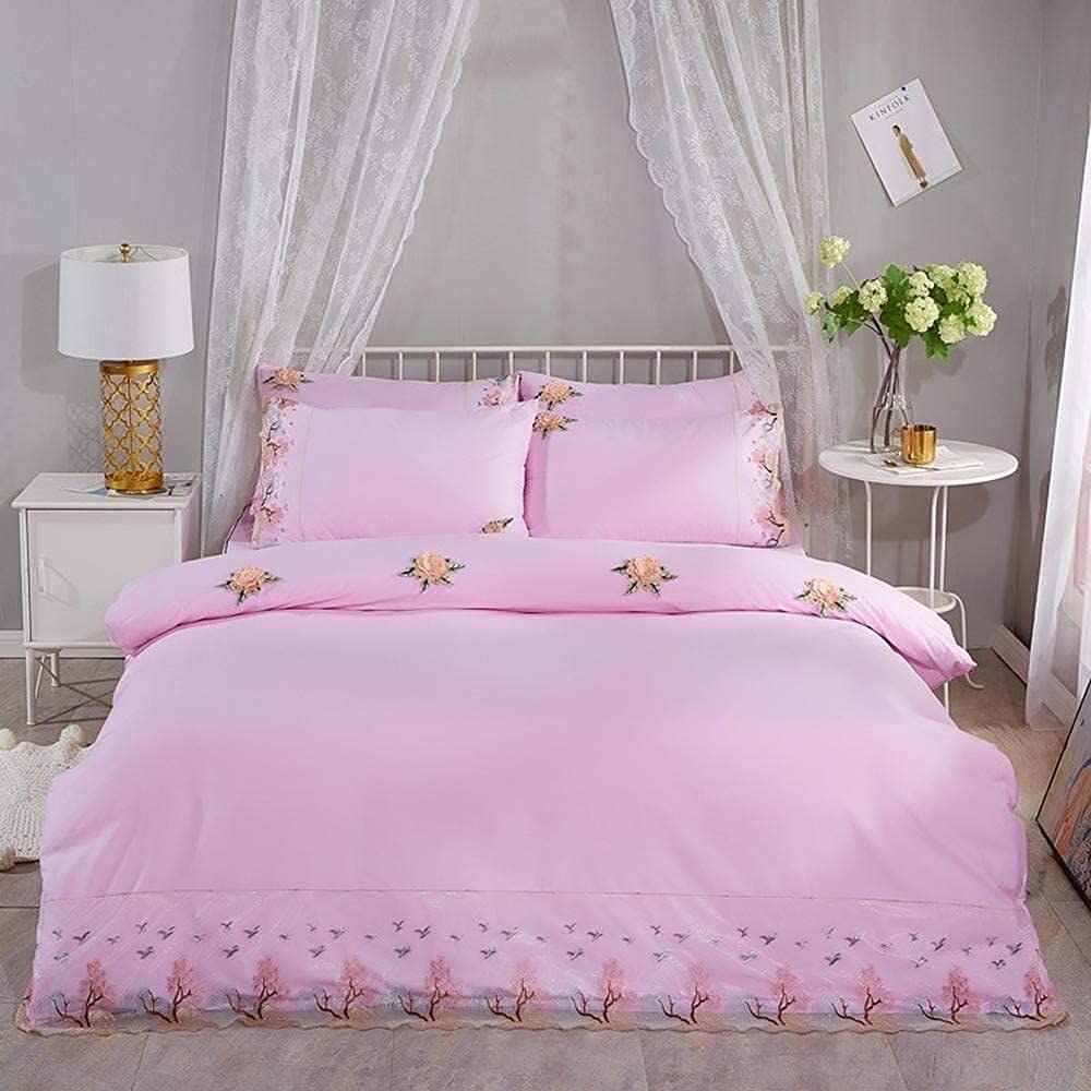 Parure de lit matelassée drap de lit sergé et couvre-lit unicolore 4 pièces avec taie dentelle