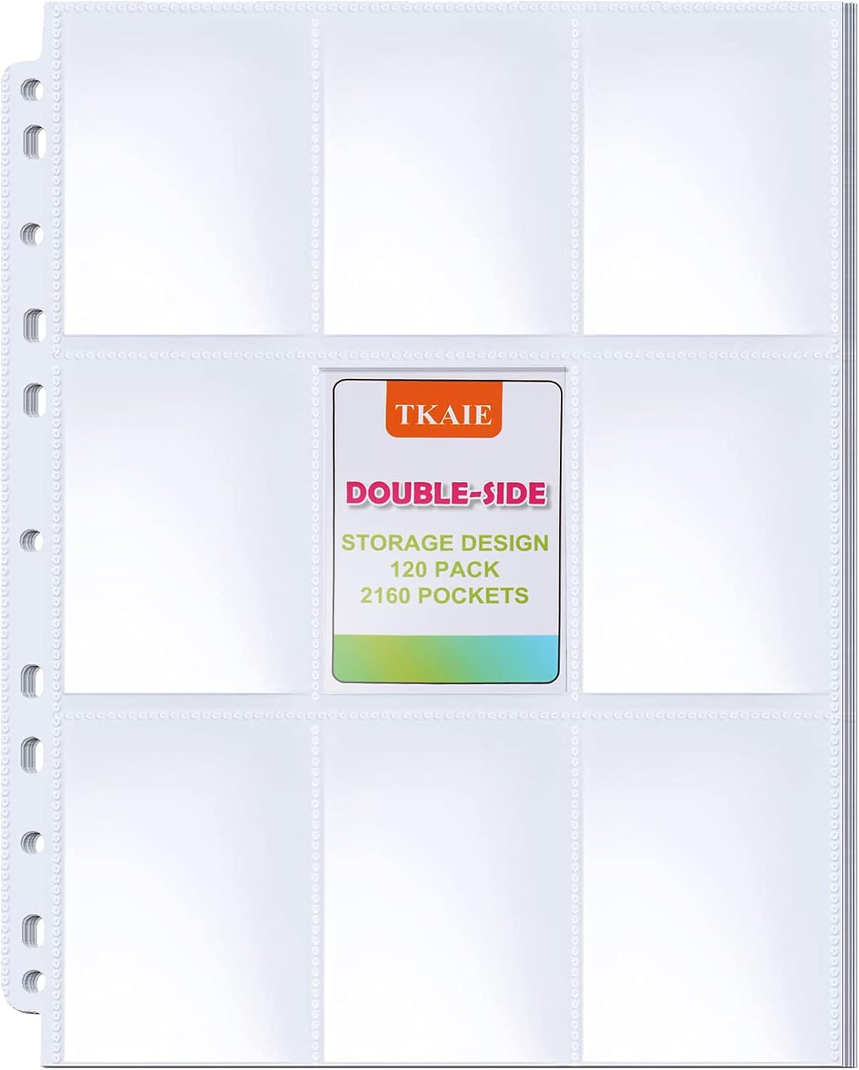 Double-Sided 2160 Pockets Baseball Card Sleeves - Trading Card Sleeves Pages Fit 3 Ring Binder, 9 Pocket Page Protector for Standard Size Cards, Sport Cards, Game Cards, Business Cards(120 Pack)