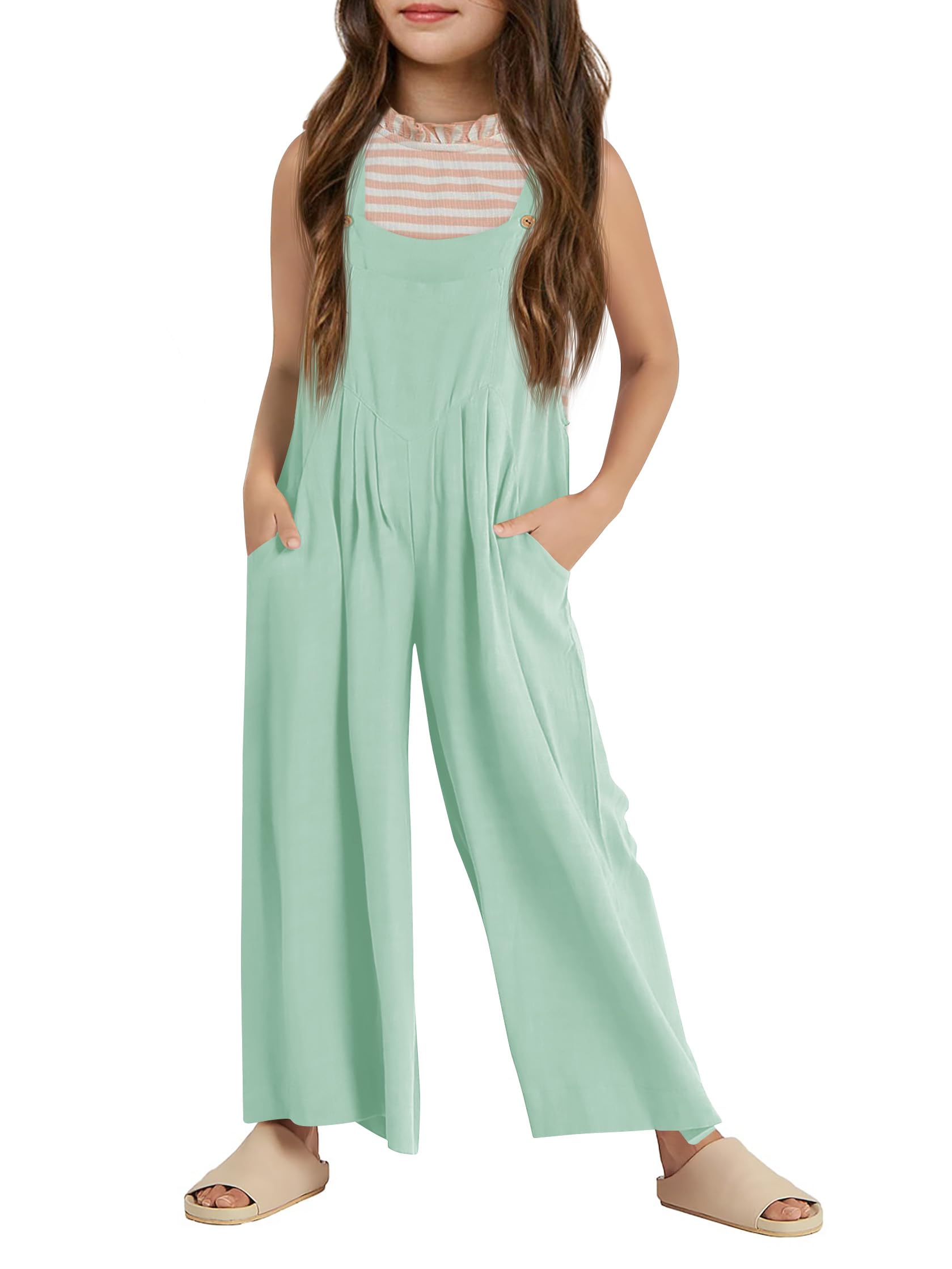 Haloumoning Girls Overalls Kids Casual Sleeveless Wide Leg Jumpsuit Loose Rompers with Pockets 5-14 Years