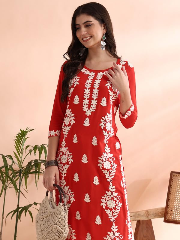 Image of Vaamsi Women's Viscose Rayon Solid Embroidered Straight Kurta | Chikankari Kurta for Women