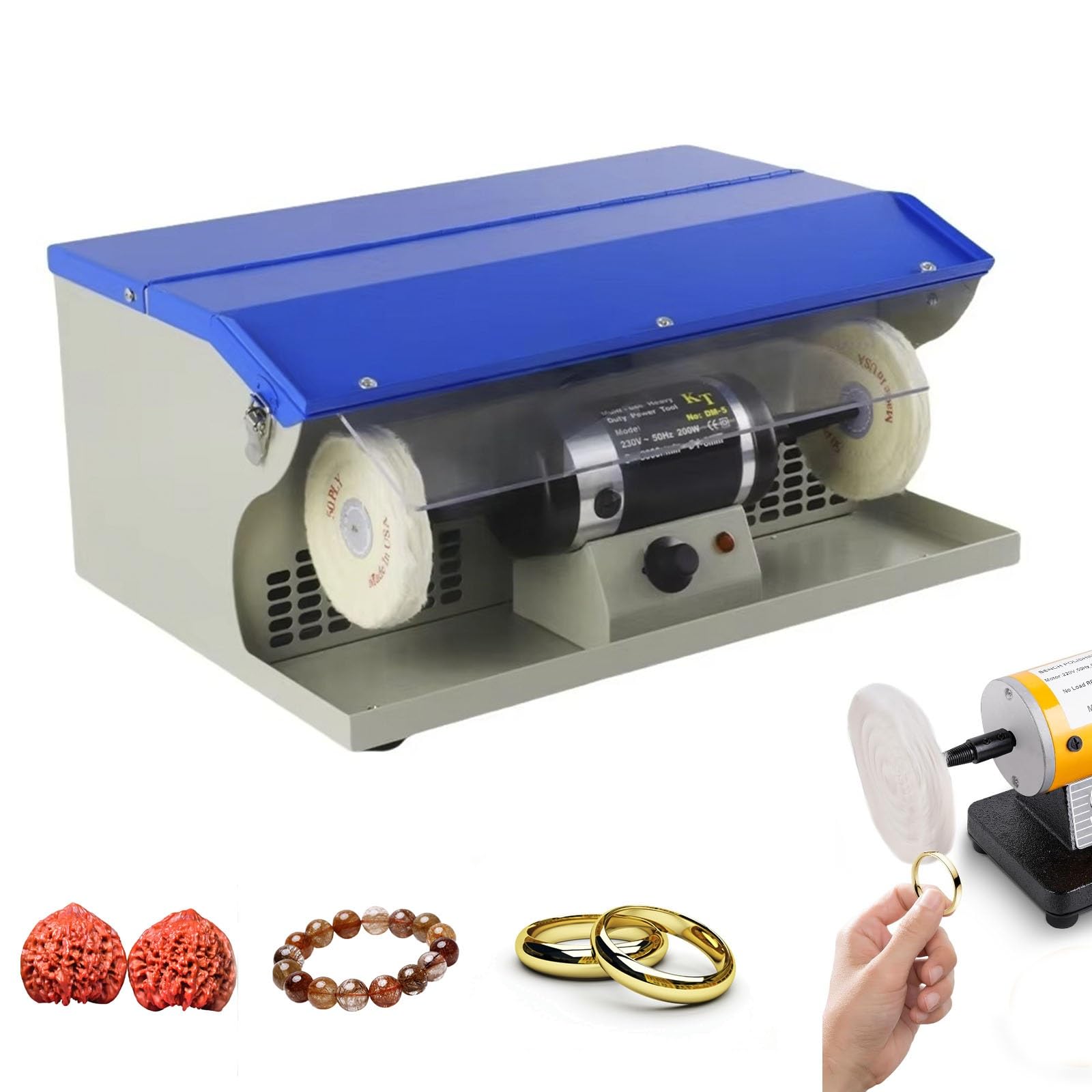 Maszyna do polerowania biżuterii, polerka stołowa do biżuterii 200 W z lampą 0-8000 RPM, polerka stołowa z odciągiem kurzu do polerowania biżuterii, aluminium, chrom