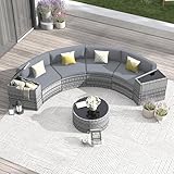 Amopatio Outdoor Patio Furniture Sets, 7 Pieces Curved Patio Sectional Couch with Storage Armrest Table and 4 Pillows, Curved Outdoor Sofa Fit Yard Poolside Balcony (Included Waterproof Cover)
