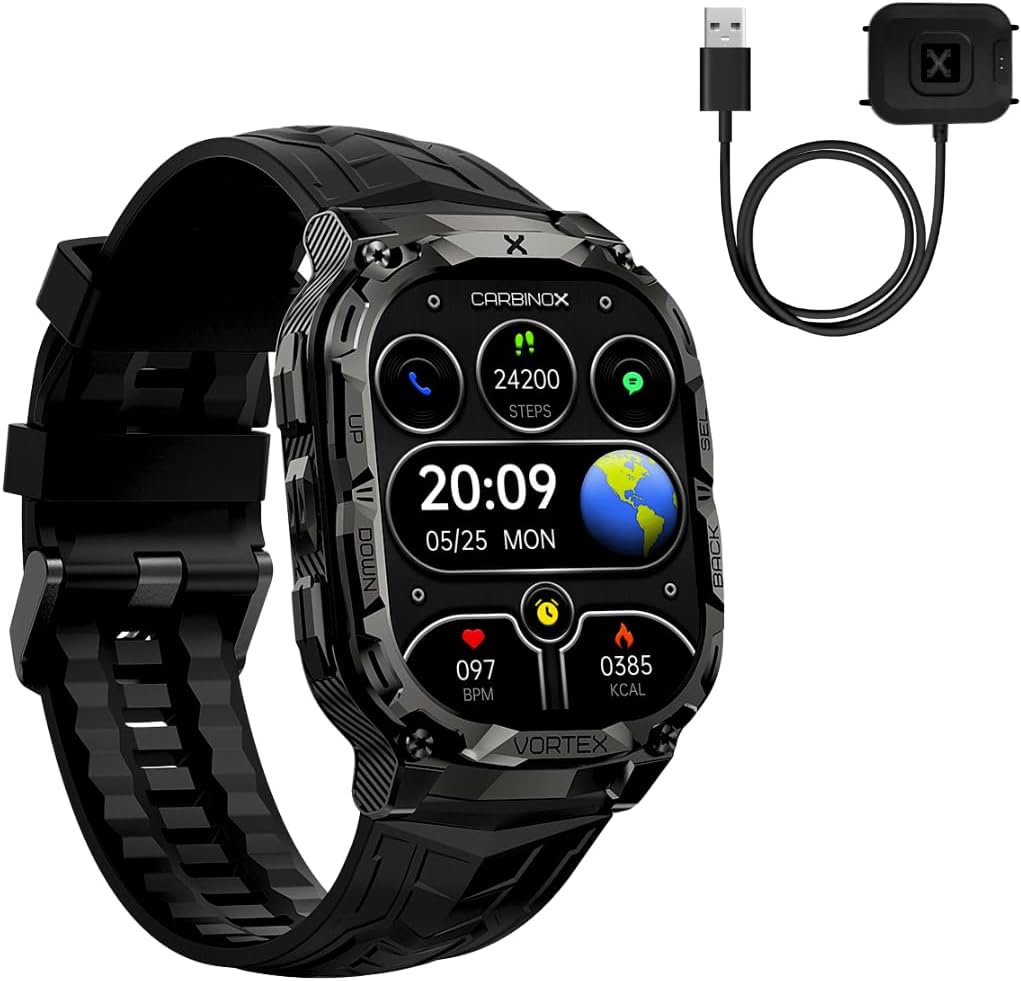 CARBINOX Vortex Smart Watch with Charger, Rugged Fitness Tracker IP69K Waterproof