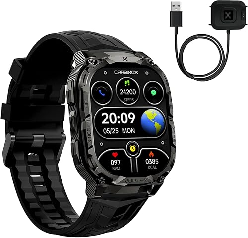 CARBINOX Vortex - Reloj inteligente con cargador, resistente rastreador de fitness IP69K resistente al agua, compatible con teléfonos Android e iOS,
