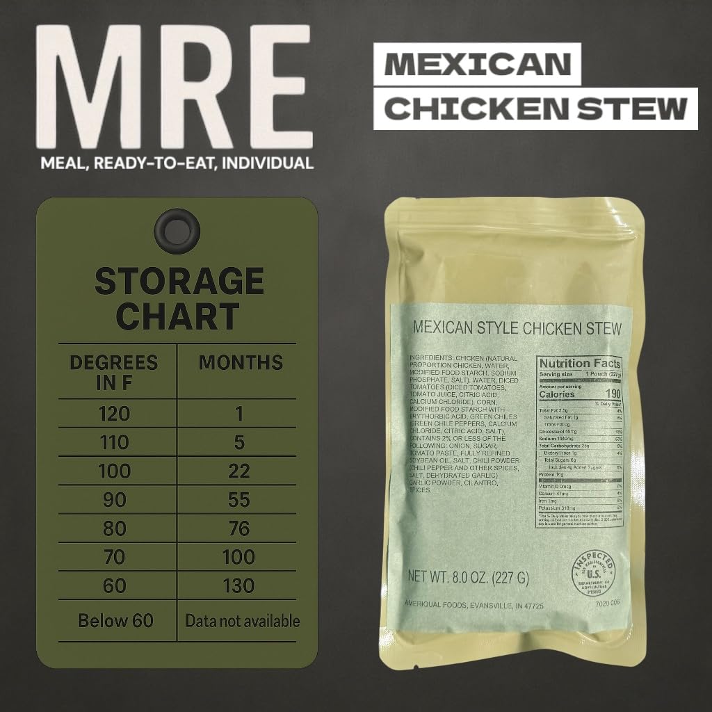MRE (Meal-Ready-to-Eat) | Single Serving Entree | Emergency Meals | Survival Food | Fresh Dates | Long Shelf Life | Made in USA (6-Pack, Mexican Chicken Stew)