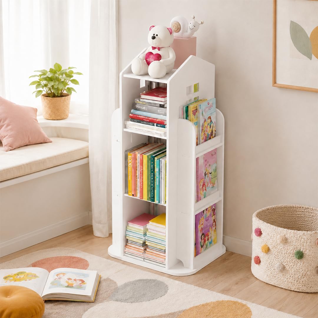 HomeEssentials House Shape Multi-Layer Kids Storage Bookshelf with Side Racks | PVC Wood Plastic Board Book Organizer | Space Saving Kids Book Rack for Toys, Books & Décor | White-image-11