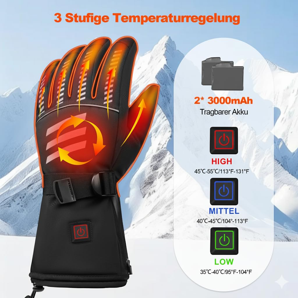 Guantes Calefactables Eléctricos Recargables con Batería Térmicos Invierno Calefacción Rápida Táctiles Moto Esquí Senderismo Caza