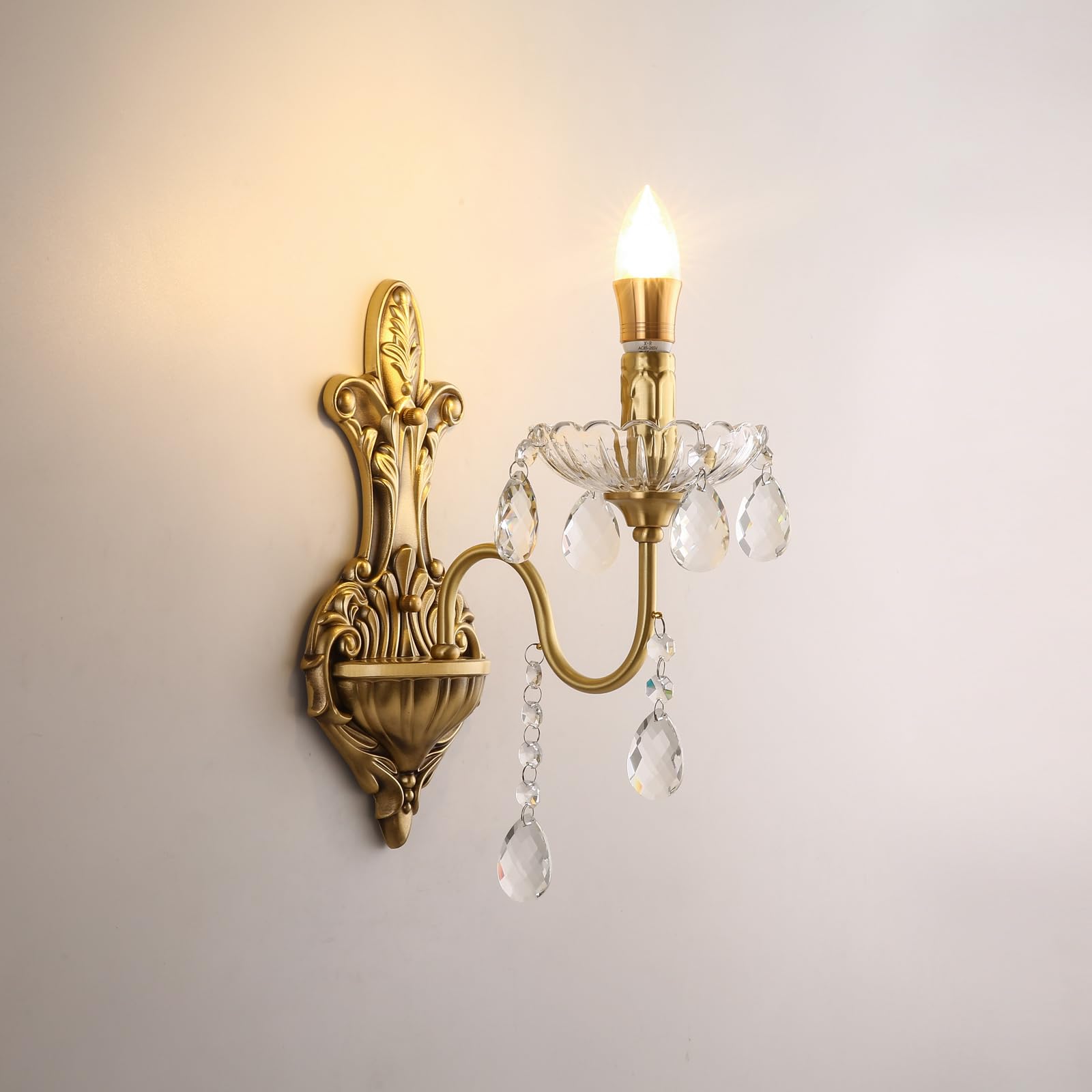 HUAYUSEDF French Brass Crystal Wall Sconces American Retro Candle Living Room Bedroom Bedside Lamp Villa Hotel Study Aisle Corridor Light (H 1 Light)(D 1 Light)